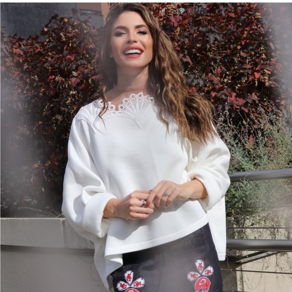 White lace illusion mesh dolman oversize soft fleece lined sweatshirt top